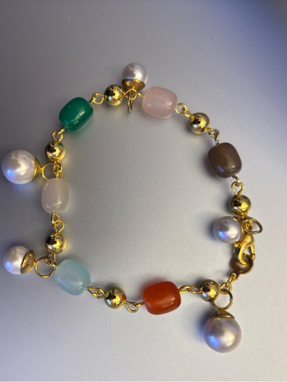 Gold Beaded Multi-Color Gemstone & Pearl Bracelet